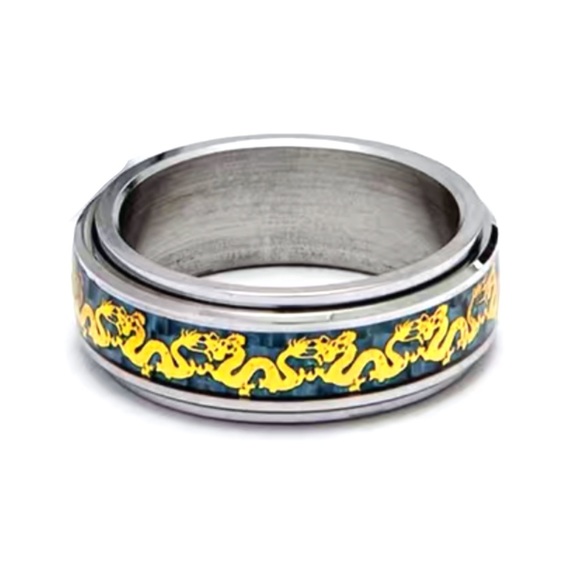 Men’s Stainless Steel Spinner Ring with Gold Dragon & Blue Carbon Fiber Inlay - Picture 2 of 5
